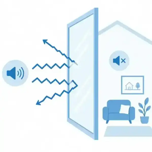 Minimalist illustration of sound waves being blocked by a glass pane