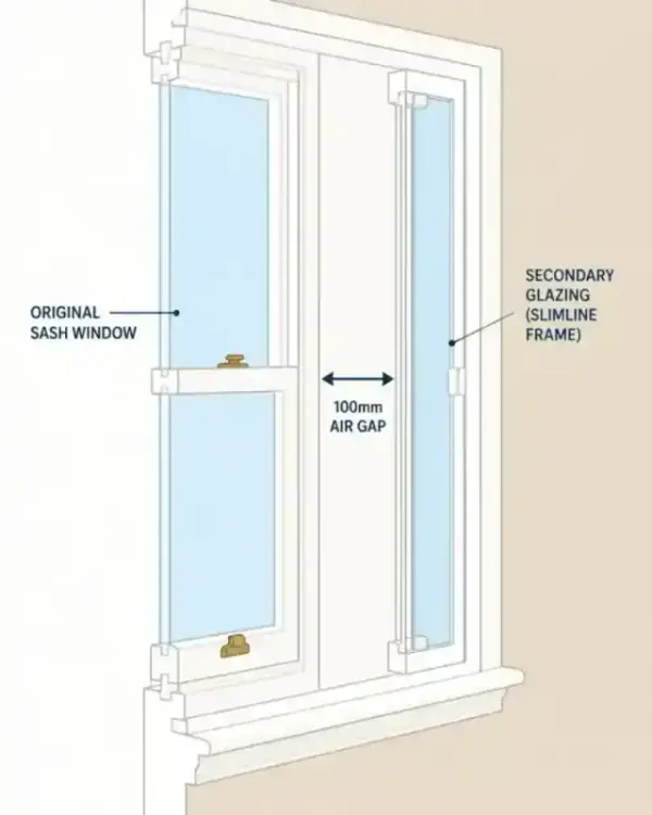 A minimalist illustration showing the discreet secondary glazing layer and the air gap
