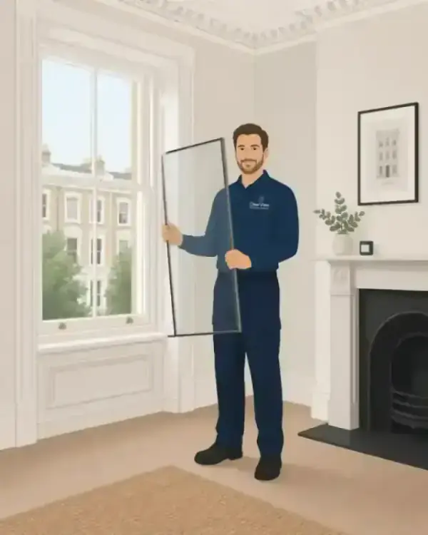 A minimalist illustration of a friendly installer fitting a slimline secondary glazing panel