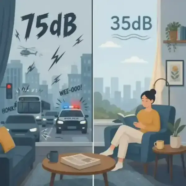 A minimalist split-screen illustration showing the 75dB noisy street vs 35dB peaceful interior