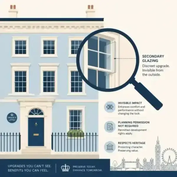 Minimalist illustration of a London heritage building with a magnifying glass showing discreet secondary glazing